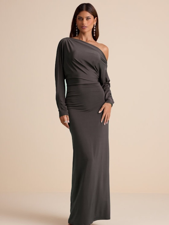 Lulus Dresses & Skirts - Lulus Valani Charcoal Jersey Knit Asymmetrical Long Sleeve Maxi Dress Grey